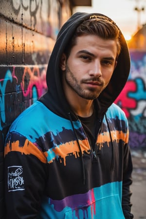 a captivating portrait of a ((handsome young man)), slumped against a wall adorned with vibrant graffiti, the sunset behind him creating elongated shadows, shallow depth of field highlighting, an urban backdrop setting the stage, captured with high-contrast chiaroscuro, Dressed with Pullover Hoodie, Zip Bottom Jogger, r4w photo
,male