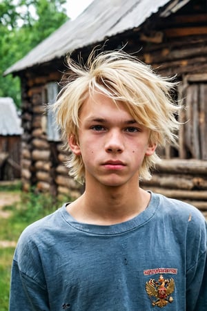 A village Russian teenage boy with blond untidy hair, rural courtyard context