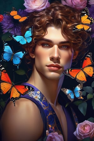 Butterflies and flowers, characterart, klimt and mucha, mysterious, a magnificient very beautiful male teenager.  By Dreamer💜, trending on artstation, sharp focus, studio photo, intricate details, highly detailed, by greg rutkowski