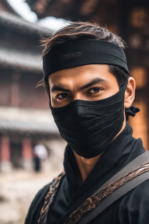 close-up shot of a young male ninja wearing black ninja suit fighting | looking at camera | blurred bokeh ancient temple background