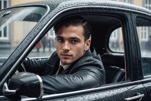 Generate an image of a young and handsome man waiting inside his car, his gaze fixed on a typical Berlin street corner as he anticipates the arrival of a comrade. Capture the scene from inside the car, providing a view through the window. Incorporate the atmospheric element of rain to enhance the mood. Pay attention to details such as the architecture of the Berlin street and the historical context of the setting. Emphasize the anticipation and camaraderie in the air, creating a visual narrative that reflects the historical and emotional elements of the Weimar Republic era. sdxl