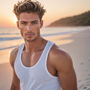 Magazine fashion photography photographed by David Bellemere of a (handsome young man) with an intense gaze, sensual and elegant, athletic, smiling, wearing a white top tank, on a secluded beach, at sunrise, from a eye level angle, soft lighting, dreamlike atmosphere, pastel colors, symmetrical composition, , 