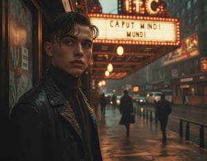 A young handsome man with a 1940s haircut stands on a rainy sidewalk under a city marquee sign that reads 'CAPUT MUNDI.' Big-city architecture surrounds him in a nostalgic, sepia-tinged atmosphere. His hair and clothes are wet, with water droplets on his face, capturing a contemplative, bittersweet mood. Photographic style inspired by Ansel Adams, shot with a 35mm lens, cool color temperature with sepia undertones, soft shadows and rain highlighting the play of light.