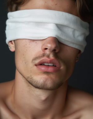 Fine art studio portrait of a handsome young man, partially blinded by a white linen cloth covering his eyes. His face is in close-up, capturing parted, fleshy full lips, slightly open to reveal a hint of teeth. A small mole and a few freckles add natural detail to his skin. The lighting is soft and diffused, highlighting his collarbone and facial features with a realistic, artistic touch. Emphasis on texture and subtle details to create an intimate, high-quality image with an evocative atmosphere.