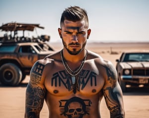 A handsome tattooed young man, face focus, he is surrounded by the style of Mad Max vehicles, in a postapocalyptic desert setting with a cyberpunk aesthetic, in a cinematic, movie stills style.,Movie Still,Perfect Hands
