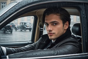 Generate an image of a young and handsome man waiting inside his car, his gaze fixed on a typical Berlin street corner as he anticipates the arrival of a comrade. Capture the scene from inside the car, providing a view through the window. Incorporate the atmospheric element of rain to enhance the mood. Pay attention to details such as the architecture of the Berlin street and the historical context of the setting. Emphasize the anticipation and camaraderie in the air, creating a visual narrative that reflects the historical and emotional elements of the Weimar Republic era. sdxl