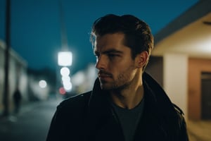 Cinematic, Photograph of a sad handsome young man close-up walks at night along a city street past squalid five-story panel houses, photorealism, cinematic,photo r3al,male