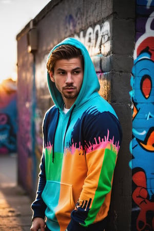 a captivating portrait of a ((handsome young man)), slumped against a wall adorned with vibrant graffiti, the sunset behind him creating elongated shadows, shallow depth of field highlighting, an urban backdrop setting the stage, captured with high-contrast chiaroscuro, Dressed with Pullover Hoodie, Zip Bottom Jogger, r4w photo
,male