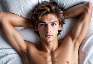 close up on the face of handsome (shirtless:1.1) 21yo sexy Argentinian seductive boy, slender features, top view in bed, looking up, from above, (handsome:1.4), tousled hair, predatory look