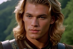 screengrab of original VHS movie | TV show from early 70's | portrait shot, handsome young male character similar to Matthew Noszka | fantasy medieval atmosphere | grainy, low quality, random facial expressions, ultra-detailed, is characterized by its extraordinary physical attributes and awe-inspiring presence.,Hyperrealism style