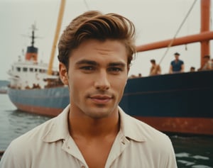 analog, a young handsome sailorman stands on the dock, tanned face, while a group of eager dockworkers bustle about, loading and unloading cargo from the ships that line the harbor, lively atmosphere around him, polaroid, photorealistic, cinematic, movie stills style.,Movie Still,Perfect Hands