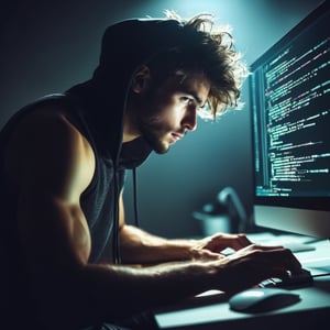 Generate an image of a young hacker immersed in a code routine in front of his computer. Picture him with an athletic build and disheveled hair, emphasizing his dedication to the digital realm. Set the scene in a dimly lit environment, creating a penumbral atmosphere. Showcase the intensity of the coding session, with the glow of the computer screen illuminating the determined expression on the hacker's face. Focus on details like the technical setup and the hacker's posture to convey a sense of skill and concentration.