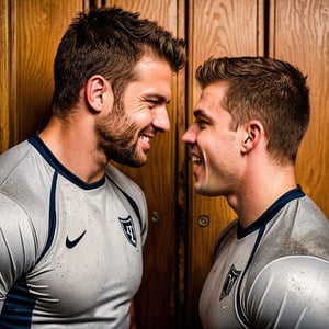 Rugged lines and weathered skin define the scrappy faces of two college rugby players as they share a whispered secret, their eyes crinkling at the corners in mischievous delight. Framed by worn locker room walls, the duo leans against the rough-hewn surface, their proud athletic attire a testament to their sport. The air is thick with humidity, heightening the sense of intimacy and camaraderie as they revel in their own private joke.