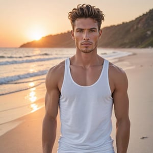 Magazine fashion photography photographed by David Bellemere of a (handsome young man) with an intense gaze, sensual and elegant, athletic, wearing a white top tank, on a secluded beach, at sunrise, from a eye level angle, soft lighting, dreamlike atmosphere, pastel colors, symmetrical composition 