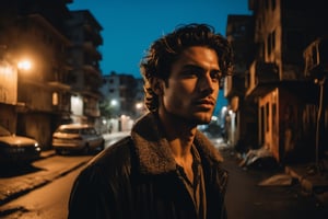 Cinematic, Photograph of a handsome young man, melancholic expression,  close-up walks at night along a city street past squalid five-story panel houses,detailmaster2