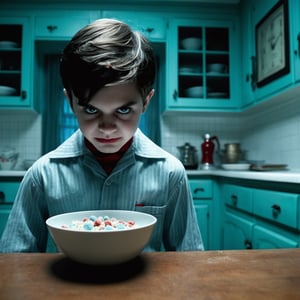 Horror Movie still. Menacing male boy possessed by evil, before a bowl of cereal in a pristine kitchen with disturbing and piercing stare to the camera, disturbingly neat clothing, unnaturally clean surroundings, in a deceptively orderly kitchen, 1960's style kitchen furniture, (Aquamarine, NavajoWhite and Red color palette), suffocating suspense, high-intensity horror drama style, chilling realistic effects,photo r3al,darkart,ghost person