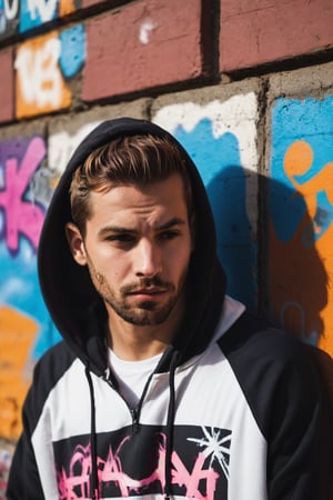 a captivating portrait of a ((handsome young man)), slumped against a wall adorned with vibrant graffiti, the sunset behind him creating elongated shadows, shallow depth of field highlighting, an urban backdrop setting the stage, captured with high-contrast chiaroscuro, Dressed with Pullover Hoodie, Zip Bottom Jogger, r4w photo
,male