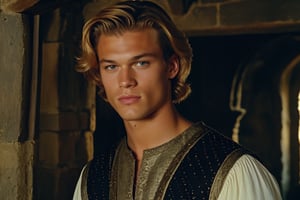 screengrab of original VHS movie | TV show from early 70's | portrait shot, handsome young male character similar to Matthew Noszka | fantasy medieval atmosphere, Interiors of an old medieval manor house | grainy, low quality, random facial expressions, ultra-detailed, is characterized by its extraordinary physical attributes and awe-inspiring presence.,Hyperrealism style