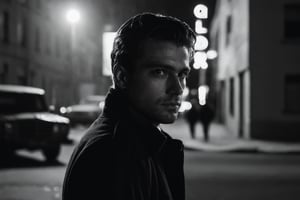 Cinematic, Photograph of a sad handsome young man close-up walks at night along a city street past squalid five-story panel houses, photorealism, cinematic,photo r3al,male,Movie Still