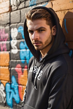 a captivating portrait of a ((handsome young man)), slumped against a wall adorned with vibrant graffiti, the sunset behind him creating elongated shadows, shallow depth of field highlighting, an urban backdrop setting the stage, captured with high-contrast chiaroscuro, Dressed with Pullover Hoodie, Zip Bottom Jogger, r4w photo
,male