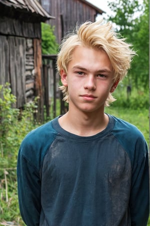 A village Russian teenage boy with blond untidy hair, rural courtyard context