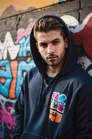 a captivating portrait of a ((handsome young man)), slumped against a wall adorned with vibrant graffiti, the sunset behind him creating elongated shadows, shallow depth of field highlighting, an urban backdrop setting the stage, captured with high-contrast chiaroscuro, Dressed with Pullover Hoodie, Zip Bottom Jogger, r4w photo
,male