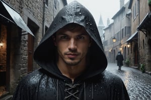 (Cinematic Shot) (Shot on Aaton LTR 54)(FACE CLOSE-UP SHOT:1.5) 1boy, handsome, Feel the 'Rhapsody of the Rain' with the hooded assassin, where each shadow black drop plays a note on the cobblestone grey earth, composing a symphony of renewal, reflection, and rebirth. Old medieval alley