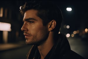 Cinematic, Photograph of a handsome young man, melancholic expression,  close-up walks at night along a city street past squalid five-story panel houses, photorealism, cinematic,photo r3al,male,Movie Still