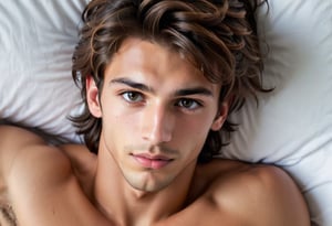 close up on the face of handsome (shirtless:1.1) 21yo sexy Argentinian seductive boy, slender features, top view in bed, looking up, from above, (handsome:1.4), tousled hair, predatory look