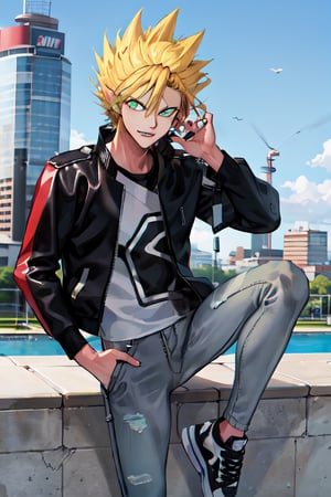 masterpiece, best quality, highres, youichi, 1boy, spiked hair, blonde hair, cowboy shot, green eyes, air jordan, shoes, leather jacket, jeans