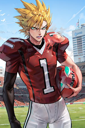 masterpiece, best quality, highres, youichi, 1boy, spiked hair, blonde hair, cowboy shot, green eyes, american football uniform