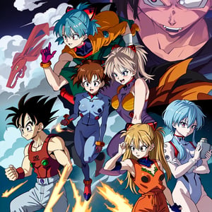 evangelion, dragon_ball, ayanami_rei, goku, blue_hair, asuka_langley_souryuu,  toriyama akira (style),  plug_suit, saiyan, super saiyan, 