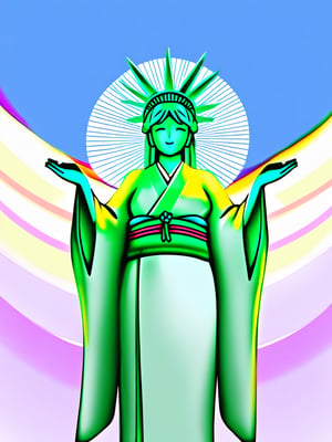 Statue of Liberty, kimono, simple background, japanese_clothes, long_arm, Raise your hands, long arm, long arms, sky