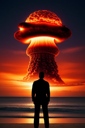 octopus man, realistic photography, advertising photo , beattles, we see the mushroom of a nuclear explosion in the distance, sunset night


