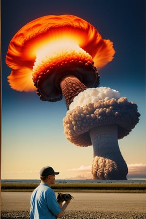 octopus man, realistic photography, advertising photo , some parrot, we see the mushroom of a nuclear explosion in the distance

