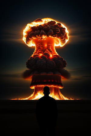 man of fire, realistic photography, advertising photo , beattles, we see the mushroom of a nuclear explosion in the distance in the horizon, sunset night

