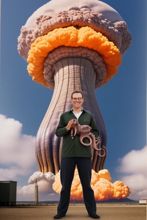 octopus man, realistic photography, advertising photo , some parrot, we see the mushroom of a nuclear explosion in the distance

