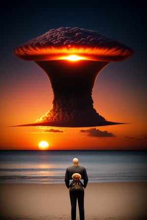 octopus man, realistic photography, advertising photo , beattles, we see the mushroom of a nuclear explosion in the distance, sunset night

