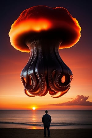 octopus man, realistic photography, advertising photo , beattles, we see the mushroom of a nuclear explosion in the distance in the horizon, sunset night

