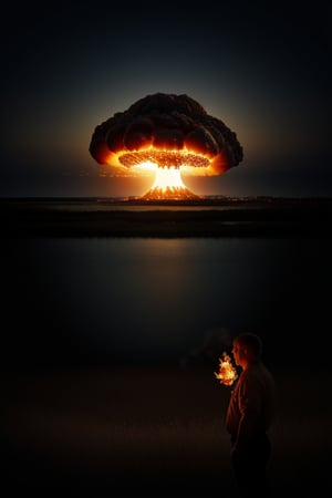 man of fire, realistic photography, advertising photo , beattles, we see the mushroom of a nuclear explosion in the distance in the horizon, sunset night

