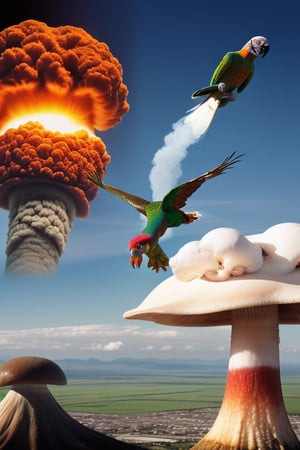 octopus man, realistic photography, advertising photo , some parrot, flying, we see the mushroom of a nuclear explosion in the distance


