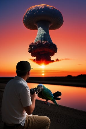 octopus man, realistic photography, advertising photo , some parrot, we see the mushroom of a nuclear explosion in the distance, sunset night

