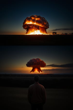 man of fire, realistic photography, advertising photo , beattles, we see the mushroom of a nuclear explosion in the distance in the horizon, sunset night

