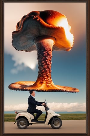 octopus man, realistic photography, advertising photo frame, some parrot, flying, we see the mushroom of a nuclear explosion in the distance

