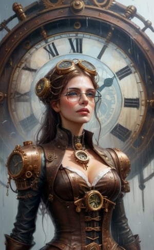 olpntng style, high quality steampunk portrait of the woman called Goddess Time with a clock for a head played by Sam Elliott, clock goggles, amazing background, by tomasz alen kopera and peter mohrbacher, dripping sparks, rain, sharp focus, clear, vibrant, denoised, intricately detailed, amazing clock, 8k, steampunk clock render engine, oil painting, heavy strokes, paint dripping,HZ Steampunk,dashataran,3d style,LinkGirl,xxmix_girl,3d,FilmGirl