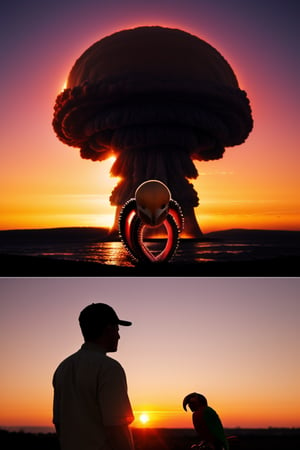 octopus man, realistic photography, advertising photo , some parrot, we see the mushroom of a nuclear explosion in the distance, sunset night


