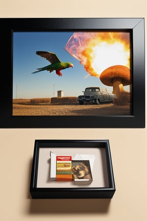 box of cigarettes, realistic photography, advertising photo frame, some parrot, flying, we see the mushroom of a nuclear explosion in the distance

