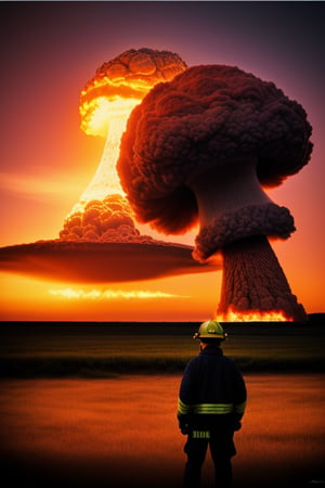 fireman, realistic photography, advertising photo , beattles, we see the mushroom of a nuclear explosion in the distance in the horizon, sunset night

