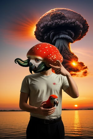 octopus man, realistic photography, advertising photo , some parrot, we see the mushroom of a nuclear explosion in the distance, sunset

