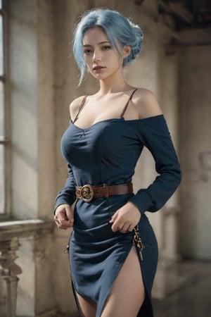 FilmGirl,HZ Steampunk,belt, gear, 1girl, solo,sweater,hair up,hair tied,  simple view,focus on chest, platinum hair,uniform, realistic,, cleavage ,dress, long curl hair, walking, bare shoulders, looking at viewer, collarbone, blue eyes, lips, see-through, off shoulder, small breasts,b3rli